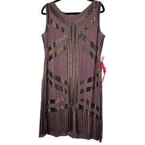 Vintage Deadstock Patra Ltd 14 Brown Silk Chiffon Overlay Beaded Flapper Dress